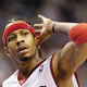 Allen Iverson of the Philadelphia 76ers gestures to the crowd in the Eastern Conference Semifinals against the Detroit Pistons on May 11, 2003, at the First Union Center in Philadelphia. (Ezra Shaw/Getty Images)
